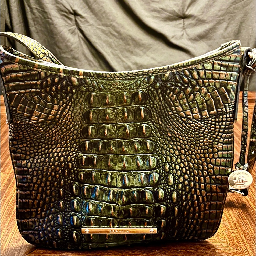 Brahmin croc-embossed genuine leather beauty in rich green & bronze tones